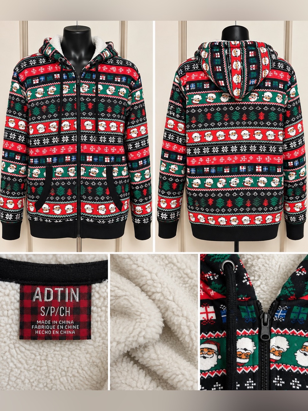 Men's Red, Black & Green Holiday Sherpa-Lined Zip Hoodie